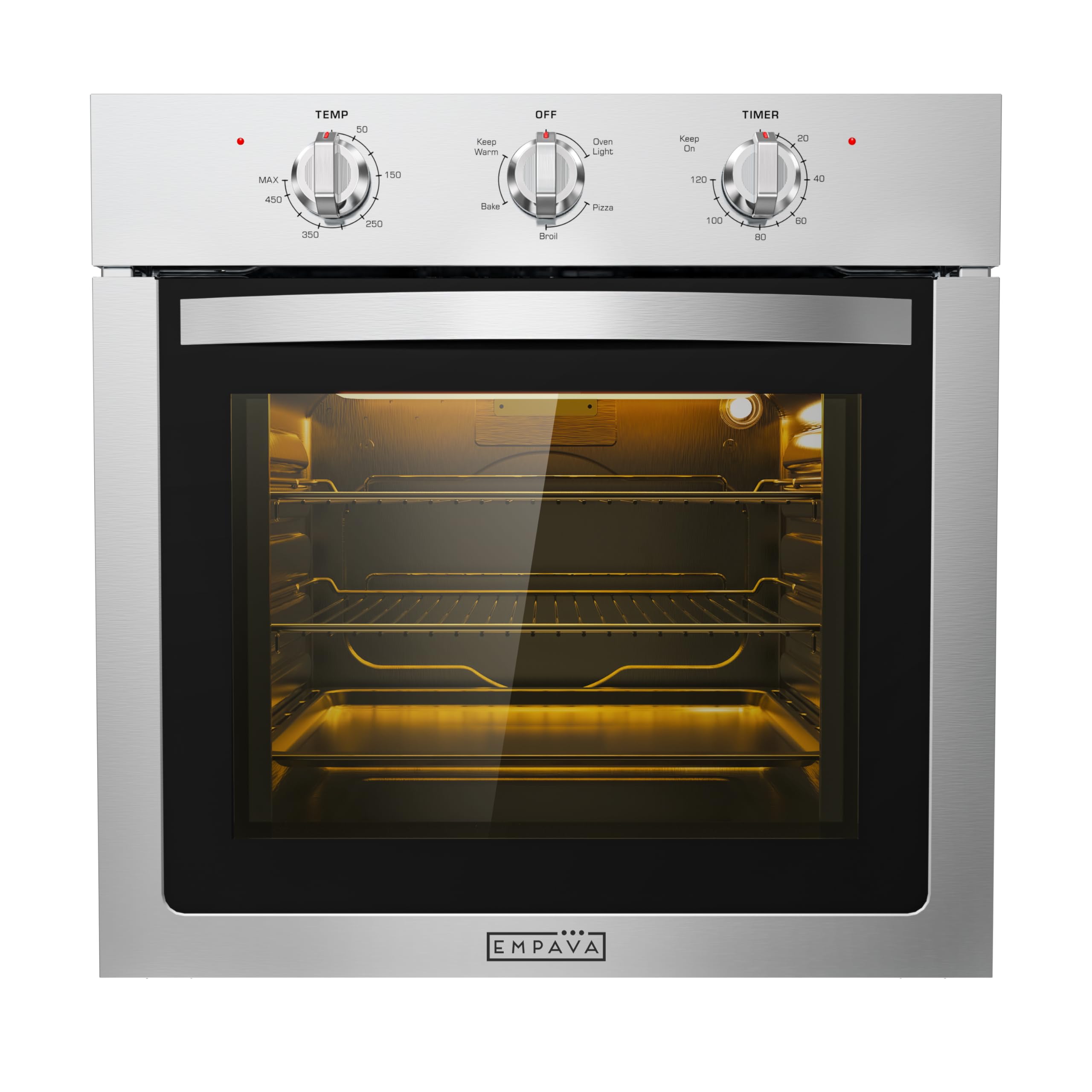 Empava 24 inch Electric Single Wall Oven 2.5 Cu.ft Stainless Steel with Basic Broil Bake Functions Mechanical Knobs Control, 24WOE40L, Silver